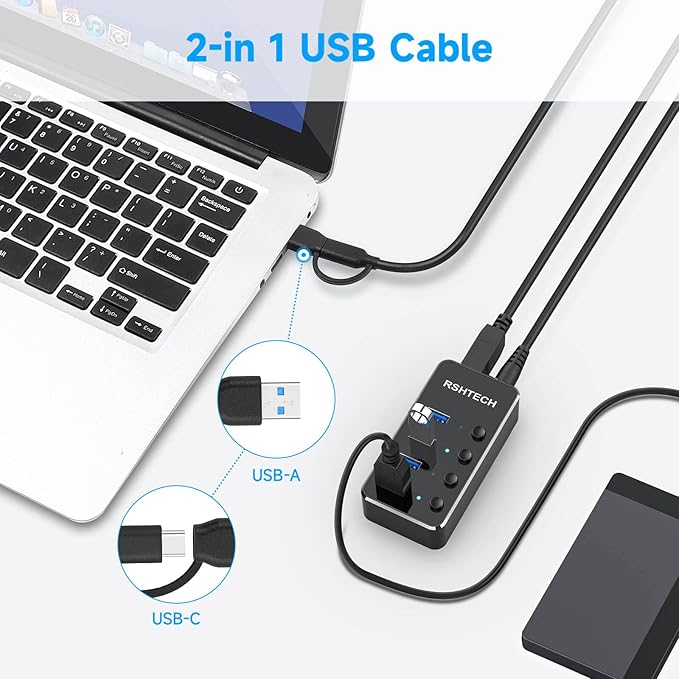 RSHTECH 4 Port Powered USB 3.0/USB C Hub Upgraded Version with 2-in-1 3.3ft USB Cable,5V Power Adapter and Individual Switches, Portable Aluminum USB Splitter for Laptop and PC, RSH-ST04 (Pack of 2)