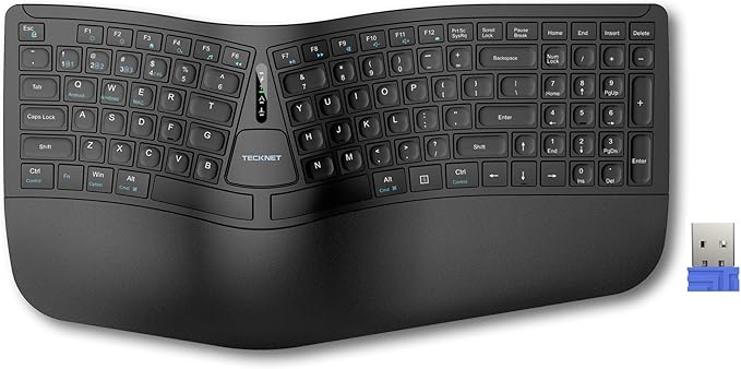 TECKNET Wireless Ergonomic Keyboard Rechargeable, 2.4G+Bluetooth Ergo Cordless USB Computer Keyboard, Wrist Rest, Natural Typing, Stain-Resistant Fabric, Compatible For Windows Computer Desktop Laptop