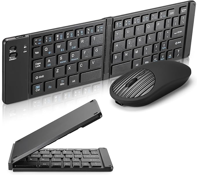 Mini Rechargeable Foldable Bluetooth Keyboard and Mouse Combo, Portable (Sync Up to 3 Devices), Ultra-Slim Travel Folding Keyboard for iPhone iPad Mac Android Windows iOS（Black）