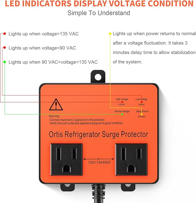 Refrigerator Surge Protector, Ortis Double Outlet Voltage Protector for Home Appliances with Time Delay, Protects Against Brownout, Spike, Instant Surge All Voltage Abnormalities, black