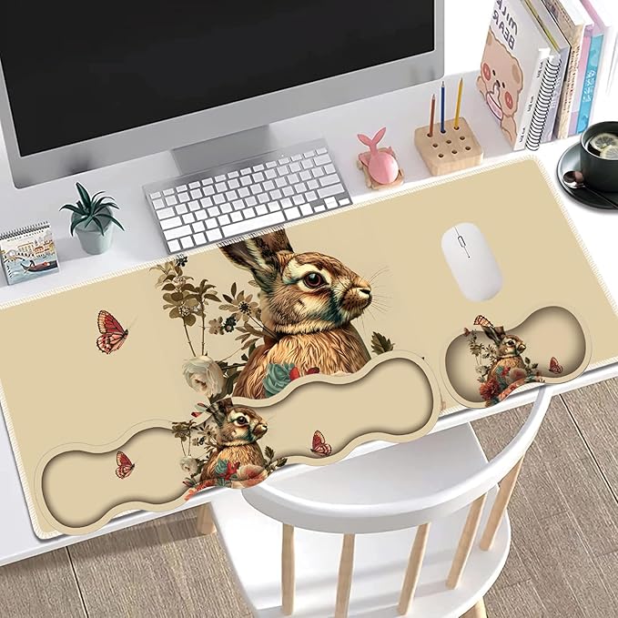 Large Gaming Mouse Pad + Keyboard Wrist Rest + Wrist Support + Coaster Set, Memory Foam Ergonomic for Easy Typing, XXL Extended Gaming Mouse Pad Table Pad - Rabbit