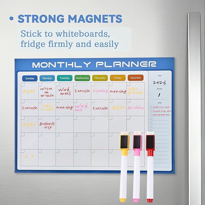 Magnetic Calendar for Refrigerator, 16" X 12", Large Fridge Whiteboard Calendar Dry Erase, Reusable Magnet Monthly Planner for Busy Moms,Family (Blue)