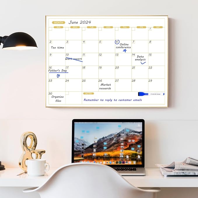ARCOBIS Monthly Calendar Whiteboard for Wall, 24" x 18" Magnetic Dry Erase Calendar with Gold Frame, Wall Hanging Planner for Home, Office, School