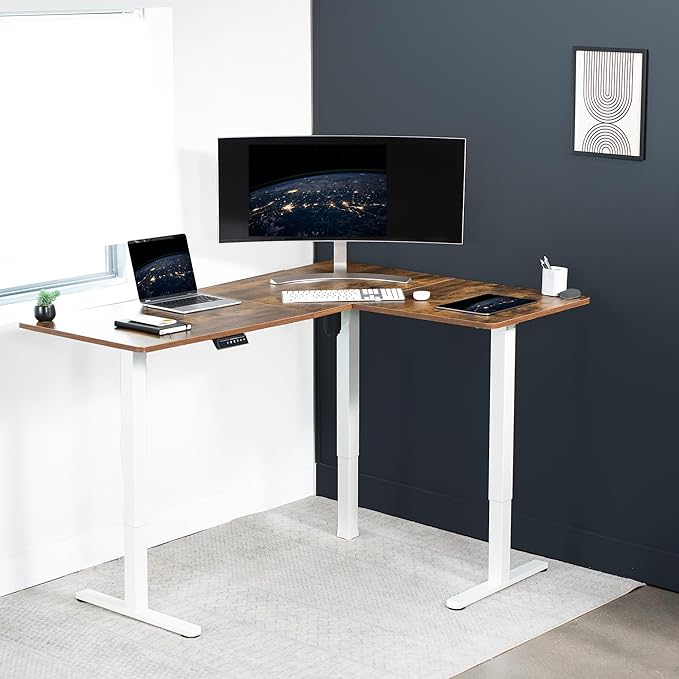 VIVO Corner Standing Desk, 63 x 47 inch Reversible L-Shaped Workstation, Electric Height Adjustment, Home, Office, and Reception Rooms, Rustic Vintage Brown Table Top White Frame, DESK-E3CTWN-47