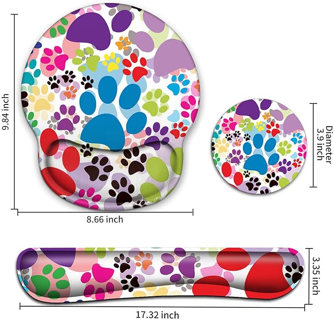 Keyboard Wrist Rest and Mouse Pad with Wrist Support, Ergonomic Gel Mouse Pad Coaster, Comfortable Lightweight for Easy Typing Pain Relief, Memory Foam Keyboard Mousepad Set,Colorful Dog Paw