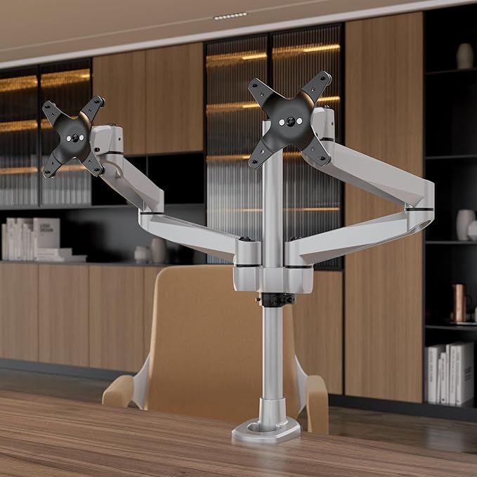 Mount-It! CLiX Dual Monitor Desk Mount Full Motion Arms, TAA-Compliant, Monitor Mounts for 2 Monitors 13-32" up to 19.8 lbs Each, VESA 75 100, C-Clamp Grommet, Premium Aluminum Dual Monitor Arm Silver