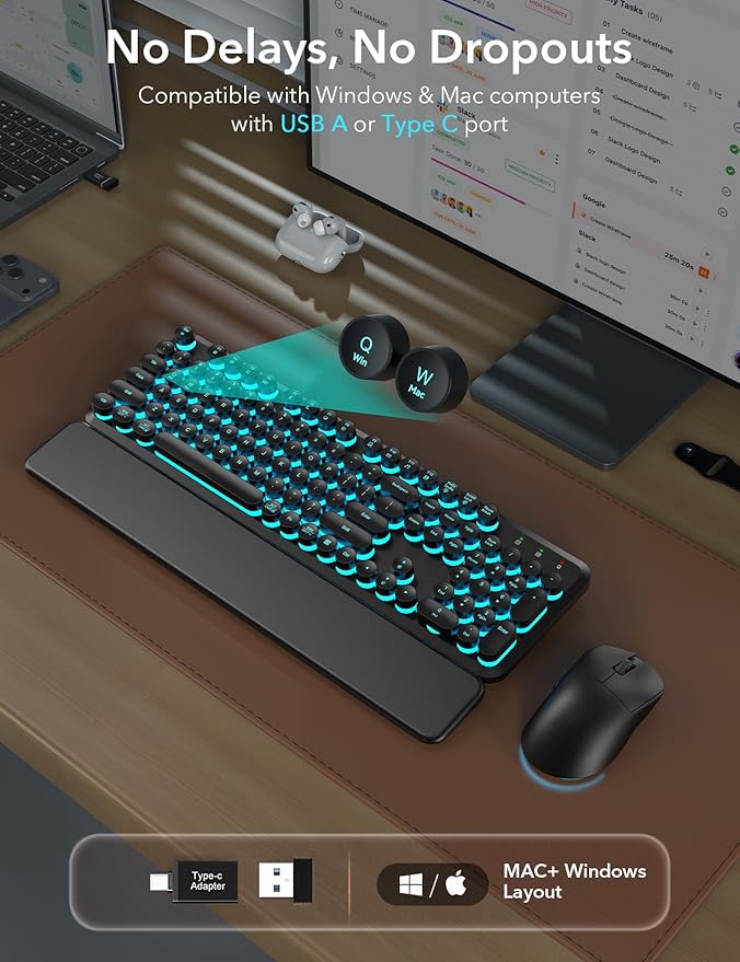 Wireless Keyboard and Mouse Backlit - Typewriter Keyboard with Magnetic Wrist Rest, Retro Round Keycaps, Light Up Letters, 2.4GHz Cordless Combo for Mac, Windows, PC, Laptop, Trueque CK24 [Upgraded]