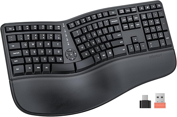 MEETION Ergonomic Keyboard Wireless, Split Curved Keyboard with Cushioned Wrist Palm Rest, 2.4G Cordless Computer keybaords, Full Size Natural Typing for Windows/Mac/Laptop/PC, Black