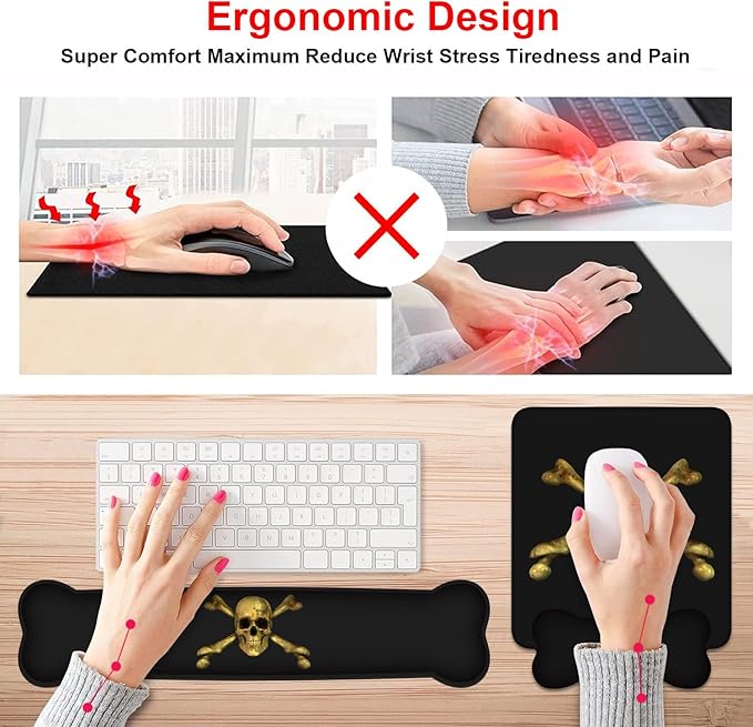 Wrist Rest Support Ergonomic Gel Mouse Pad & Memory Foam Keyboard Set, Non-Slip Rubber PU Base for Home Office Working Studying Easy Typing & Pain Relief, Skull