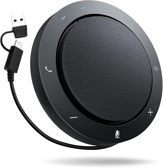 Bluetooth Speakerphone for Conference Calls – AI Noise Reduction, 2 Mics, 5W Speaker, USB-C & USB-A Adapter, 10-14H Playtime, Compatible with Zoom/Teams/Skype/Meet