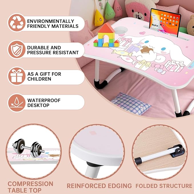 Laptop Desk Foldable Kawaii Bed Desk Table Cute Folding Breakfast Tray Portable Lap Standing Desk Notebook Stand Reading Holder for Bed/Couch/Sofa/Floor (Pink)