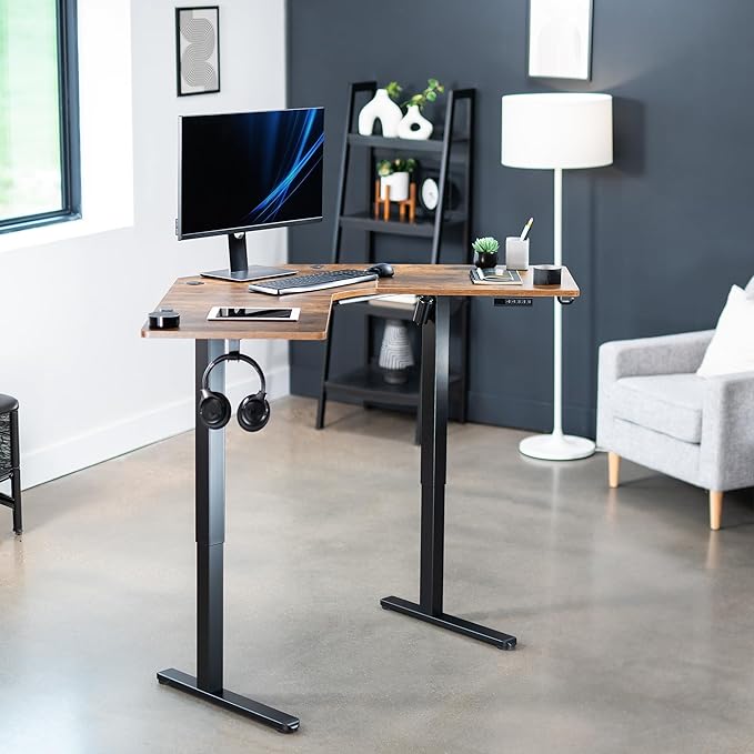 VIVO Electric Corner L-Shaped 47 x 47 in Standing Desk, Memory Height Adjustment, Rustic Vintage Brown Top Black Frame, DESK-E1L94N