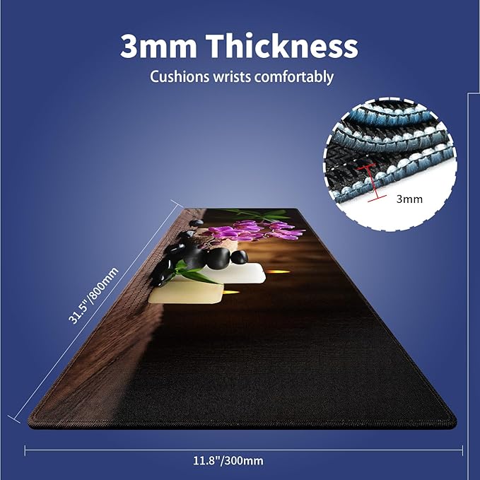Wknoon. Extra Large Gaming & Office Mouse Pad (31.5" x 11.8") with Durable Stitched Edges – Natural Peaceful Scene Tranquil Spa Ambiance of Candles, Stones and Orchids Flowers, Anti-Slip XXL Desk Mat