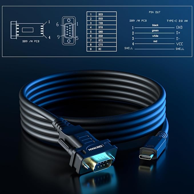 USB Type C to RS232 DB9 Serial Port Adapter Cable, FTDI Chipset, Supports Windows 11, 10, 8, 7 and Mac Linux