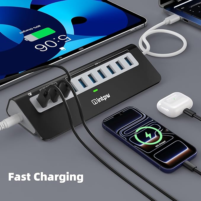 Powered USB Hub 10Gbps, 10 Port USB 3.2 Gen 2 Hub with 7 USB 3.2 Data Ports, 3 Fast Charging Ports, 36W Power Adapter, Type A and Type C Cable, Aluminum USB Data Hub for Mac, PC, Laptop