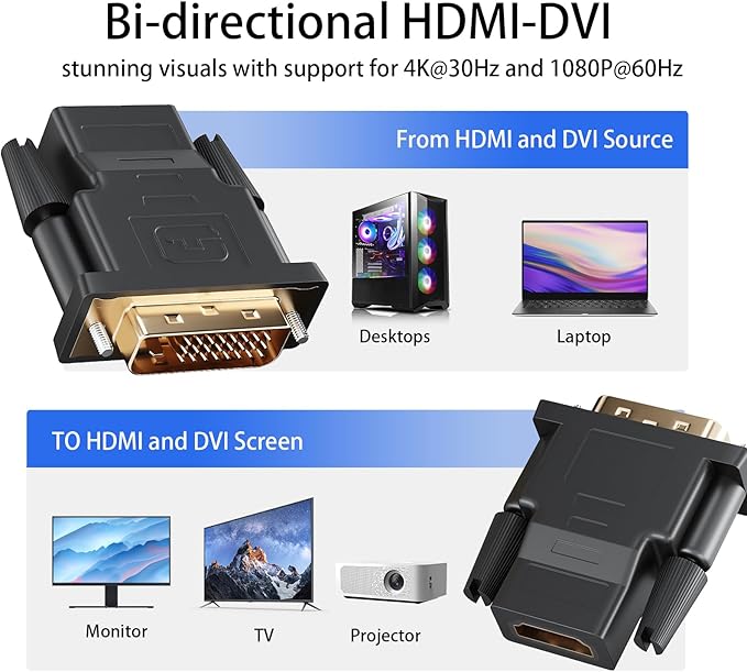 DVI to HDMI Adapter, 3-Pack Bi-Directional DVI(24+1) Male to HDMI Female with Gold-Plated Cord，Support 1080P for Computer, Monitor, Projector, TV, PS3/4/5 Nintendo Switch