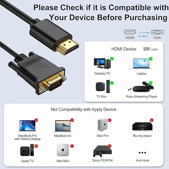 HDMI to VGA Cable 3.3 Feet, HDMI to VGA Cord (Male to Male) 1080P HD Video Cables Compatible for Computer, Desktop, Laptop, PC, Monitor, Projector, HDTV and More (NOT Bidirectional)