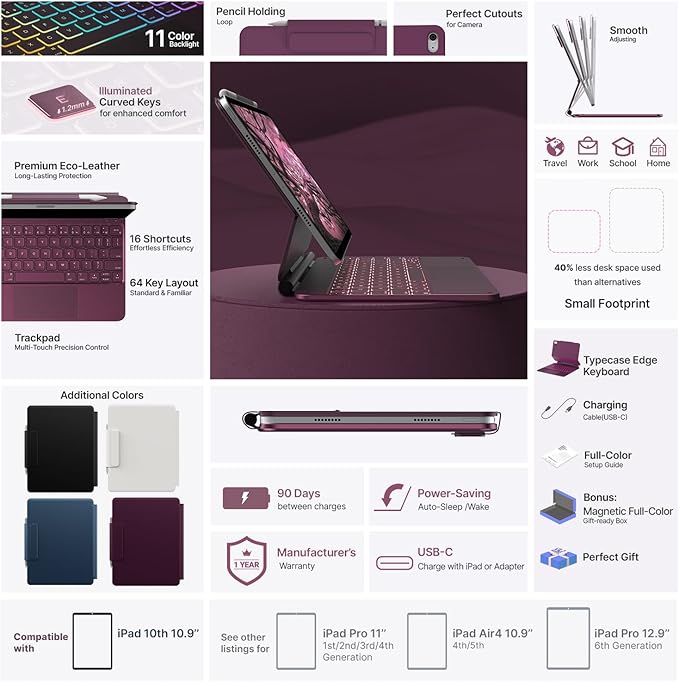 typecase Edge Keyboard Case for iPad 11th Gen A16 (2025) & 10th Gen 10.9" (2022) – Multi-Touch Trackpad, 11-Color Backlit Magic-Style Keyboard – Floating Magnetic Stand, Pencil Holder – Raspberry