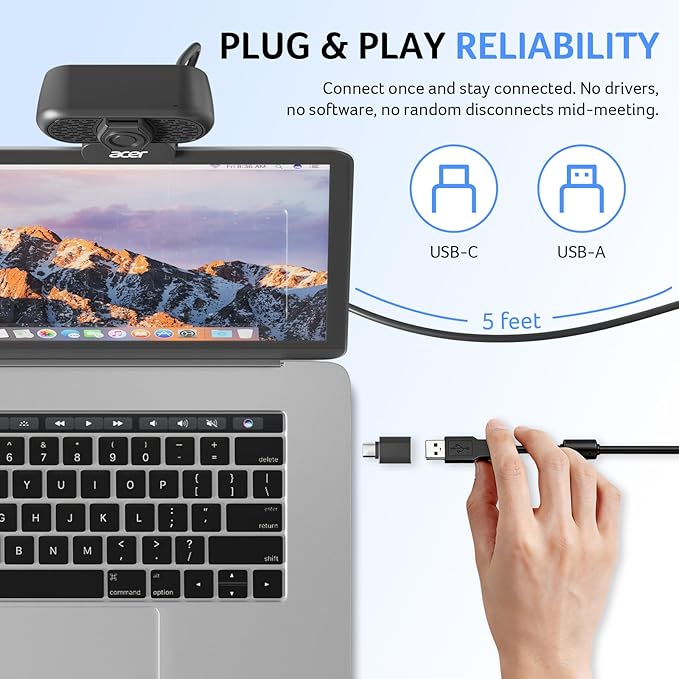 acer 1080p Webcam USB Plug and Play Webcam for PC with Noise Cancellation Microphones Computer Camera for Desktop Streaming Gaming Online Meeting Wide Angle Privacy Cover A-to-C Adapter Easy Setup