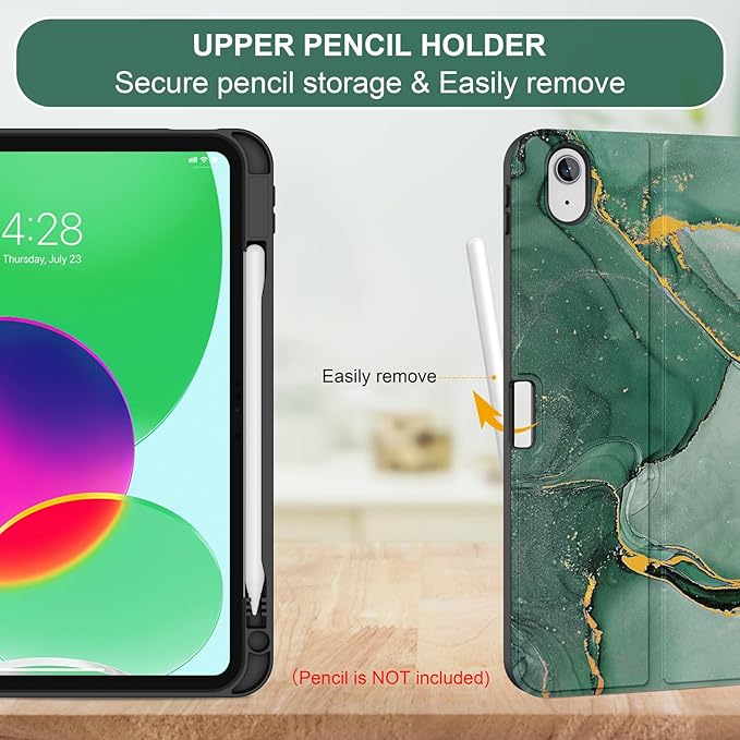 Soke for iPad (A16) 11th/10th Generation Case with Keyboard(2025/2022)-7 Color Backlight Wireless Detachable Folio Keyboard Cover with Built-in Pencil Holder for iPad 11/10.9 inch, Green Marble