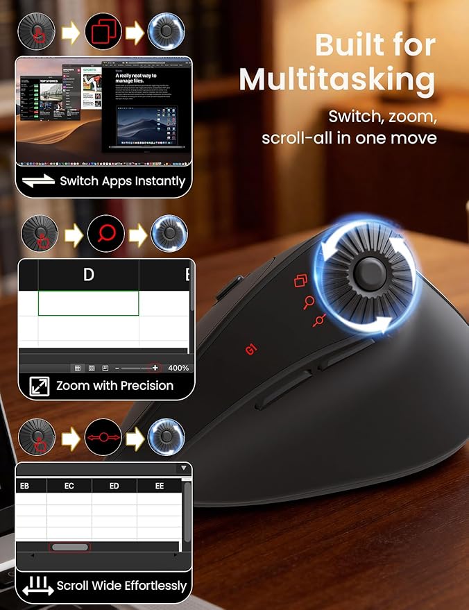 SABLUTE MAM51 Ergonomic Mouse Wireless with Side Scroll Wheel,Bluetooth Mouse with 4000 DPI,8 Buttons Office Wireless Computer Mouse,Small to Medium Sized Hands Vertical Mice for PC and Desktop-Black