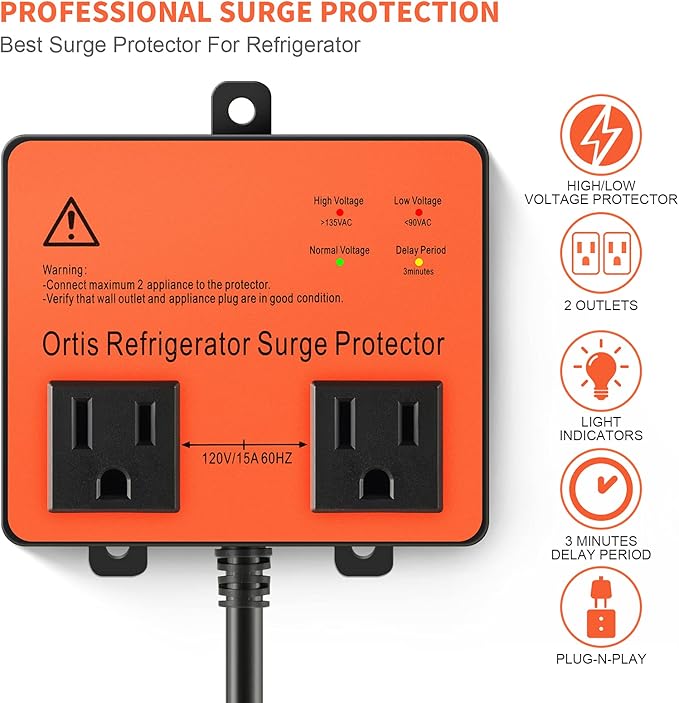 Refrigerator Surge Protector, Ortis Double Outlet Voltage Protector for Home Appliances with Time Delay, 5ft Power Cord, Protects Against Brownout, Spike, Instant Surge All Voltage Abnormalities
