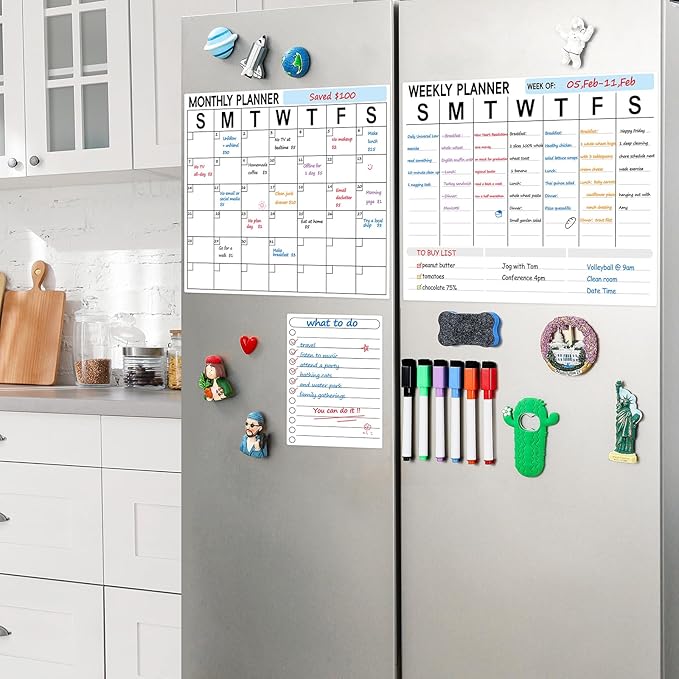 3 Pack Dry Erase Magnetic Calendar for Refrigerator - Monthly & Weekly & Daily Planner Magnet Whiteboard for Fridge Wall - Shopping, Meal/Menu, To Do List, Family Schedule Planning Board (10HB-RIZH3)