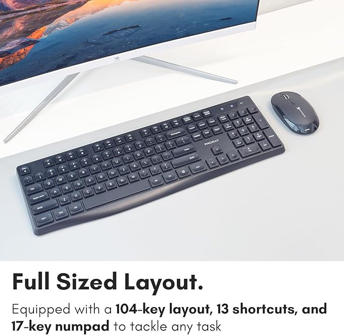 Macally Wireless Keyboard | 2.4G Computer Keyboard (Full Size, Quiet Keys) All Day Comfortable Typing with Wireless USB for Laptop, Desktop PC, Surface, Chromebook, Notebook