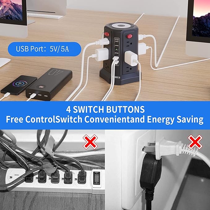 Surge Protector Power Strip Tower with 5 USB Ports and Night Light, 10FT Extension Cord with 12 AC Multiple Outlets, PASSUS Power Tower, Overload Protection for Home Office Dorm Room (2PC-White+Black)