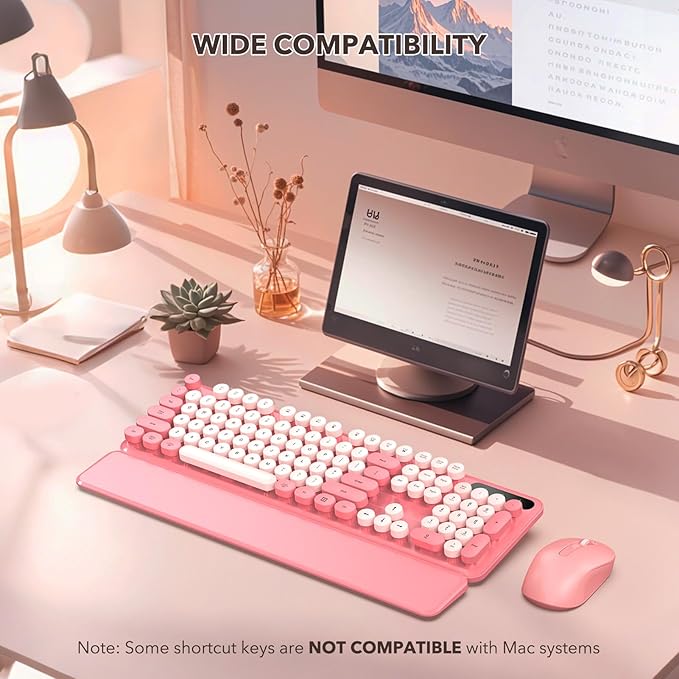 Wireless Keyboard and Mouse Combo, Cute Full-Size Retro Typewriter Keyboard with Round Keycaps, Magnetic Wrist Rest, Tilt Legs, 2.4GHz Cordless for Mac, Windows PC, Laptop, SABLUTE CK23, Baby Pink