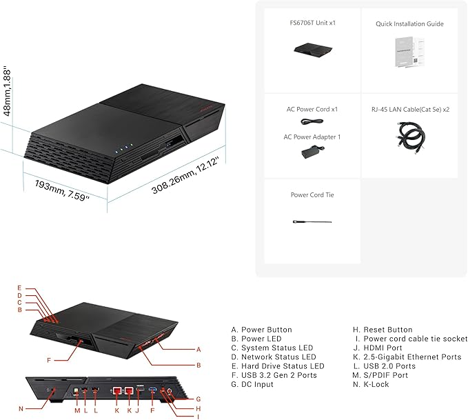 Asustor Flashstor 6 FS6706T - 6 Bay All-SSD NAS Storage, Quad Core 2.0GHz, Six M.2 SSD, Dual 2.5GbE, 4GB RAM DDR4, Network Attached Storage (Diskless)