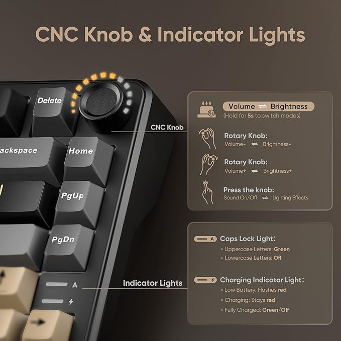 RedThunder K75 Wireless Mechanical Keyboard, CNC Knob, Tri-Mode BT5.0/2.4GHz/USB-C Hot Swappable Custom, Pre-lubed Linear Coconut Switches, Gasket Structure, RGB Gaming Keyboard, Black-Gold