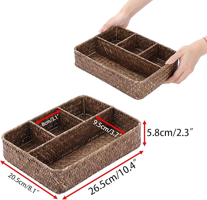 BTSKY Desk Drawer Organizer Tray, Coffee Station Organizer Tea Bag Organizer, Woven Seagrass Storage Basket with 4 Divided Sections Handwoven Wicker Basket for Shelves, Pantry, Coffee Bar (Coffee)