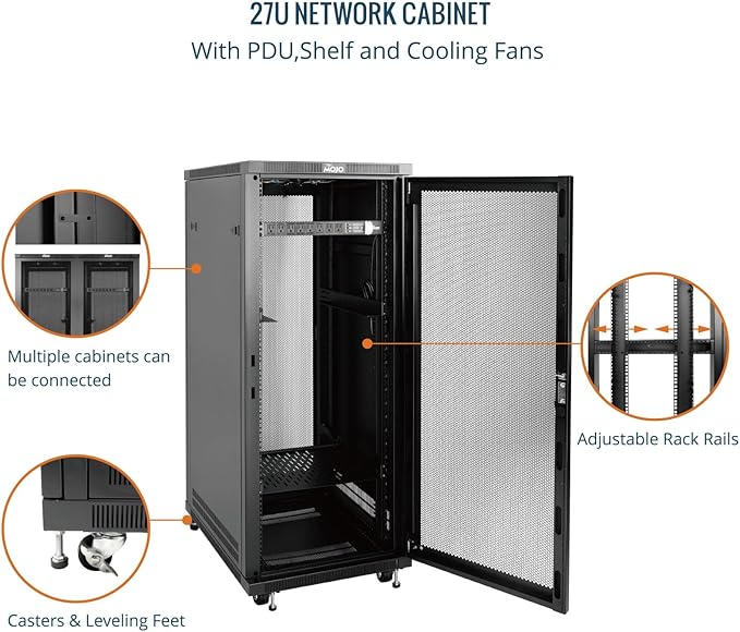 Tecmojo Network Rack Cabinet,27U Server Rack,23.6 Inch Depth,Hold Up to 1800Lbs,Lockable Cabinet with Casters and Complete Accessories,Mesh Door,for Home,Office,Small Business (27U 23.6" w*23.6" d)