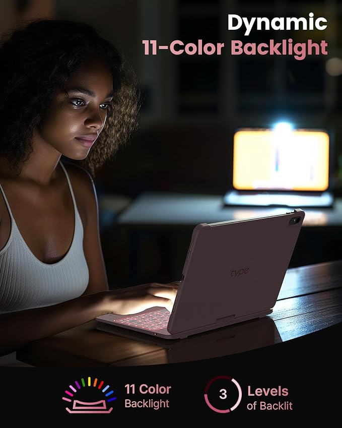 typecase Flexbook Keyboard Case for iPad 11th (A16, 2025) and iPad 10th Gen (10.9", 2022) – No Trackpad, 11-Color Backlight, 360° Rotatable, 7 Use Modes, Thin & Lightweight – Light Pink