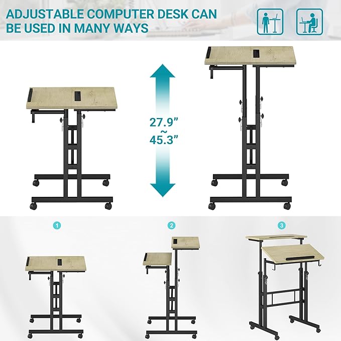 Klvied Stand Up Desk on Wheels, Portable Computer Desk for Home Office,Rolling Desk for Laptop with Removable Cup Holder, Adjustable Laptop Cart for Standing or Sitting,Grey