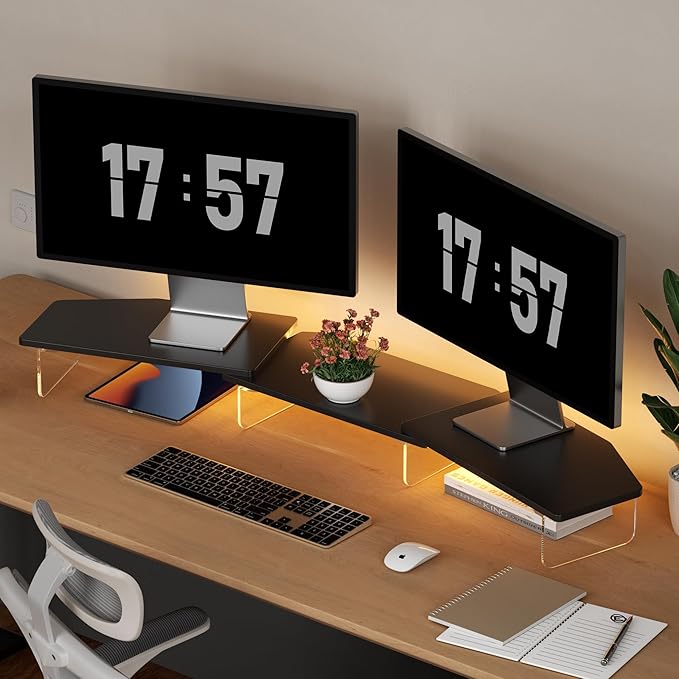 LED Dual Monitor Stand Riser for 2 Monitors,Office Desktop Wooden Stand Adjustable Length and Angle 3 Shelf,Extra Long Multifunctional Stand up to 44.4" for Computer,Laptop,TV,Black