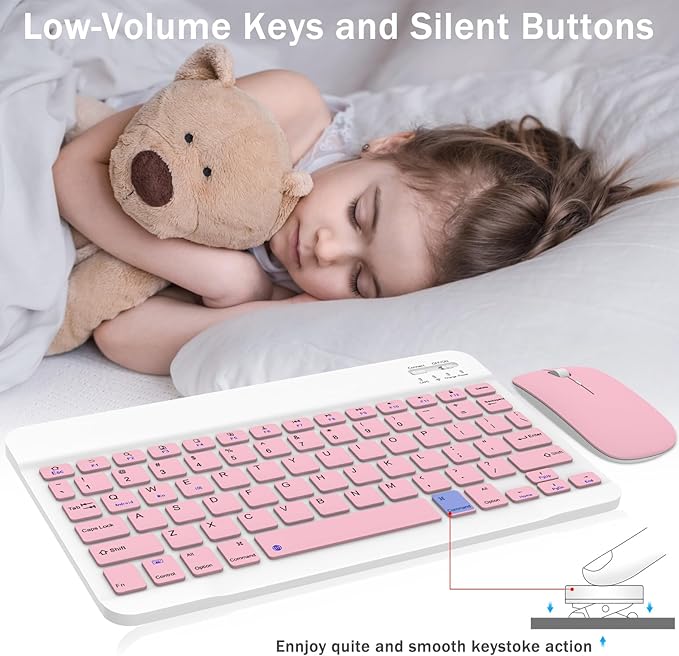Rechargeable Bluetooth Keyboard and Mouse Combo, Universal Ultra-Slim Wireless Keyboard Mouse Set for Android Windows iPad iPhone Samsung Tablet Portable Compact Keyboard Set (Pink)