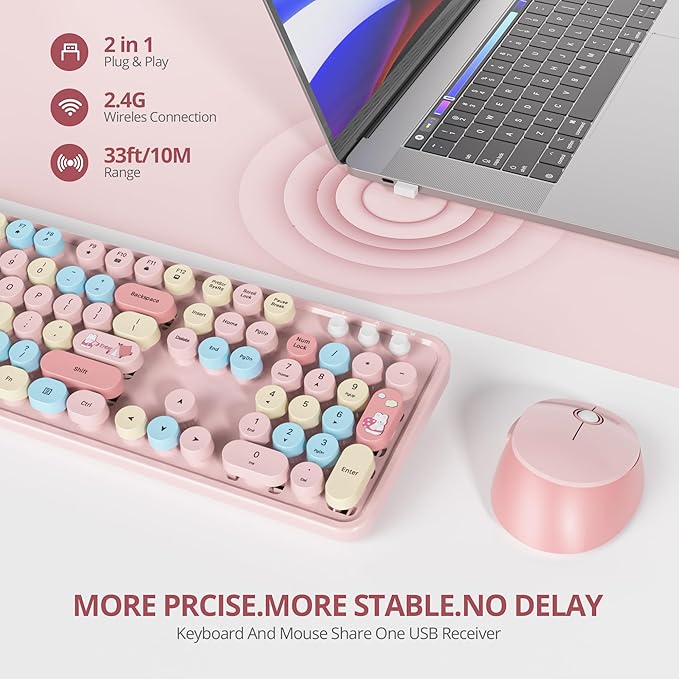 Cute Pink Keyboard and Mouse Combo Wireless, 2.4G Full Size 104-Key Retro Typewriter Keyboards Round Keys for Students Teenagers Home Office PC Laptop(Colorful Pink)