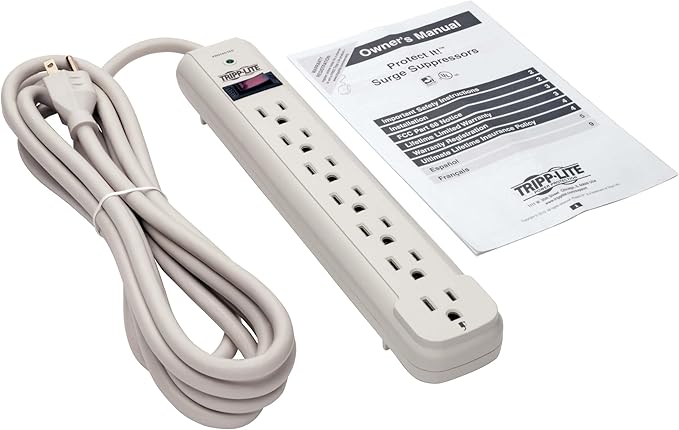Tripp Lite 7 Outlet Surge Protector Power Strip, Extra Long 12ft Cord, Lifelong Warranty & $25,000 Insurance (TLP712),White