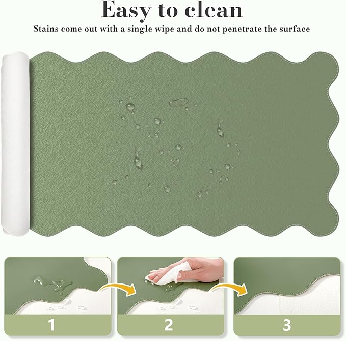 iCasso Leather Mouse Pad,Extra Large Desk Pad with Stitched Edges,Cute Scalloped Computer Mat for Desktop,Non-Slip Nail Mats Green,Waterproof Desk Protector for Office Home School