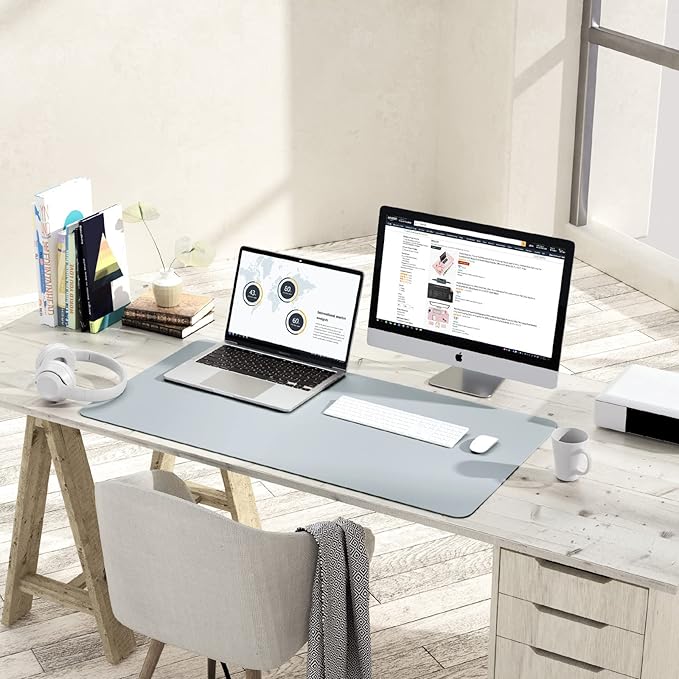 YSAGi Non-Slip Leather Desk Pad, Waterproof Laptop Computer Desk Keyboard Mat, Table Protector Blotter Mat, Large Mouse Pad for Office/Work/Home/Decor(Silver-Grey, 31.5" x 15.7")