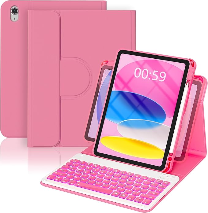 YBING for iPad A16 Case with Keyboard /11th Gen (2025) & iPad 10th Gen 10.9” (2022), 7-Color Backlit Detachable Keypad, 360° Rotating Magnetic Cover with Pencil Holder (Watermelon Red)