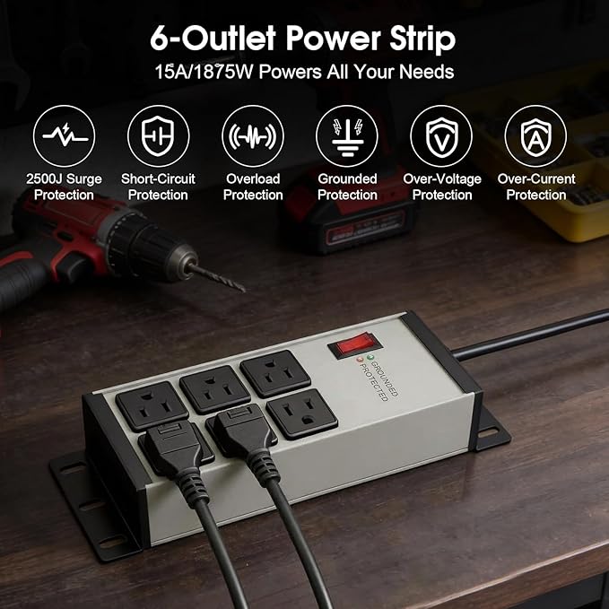 Heavy Duty Power Strip Surge Protector 2500J, 15A 1875W 6 Outlets Extension Cord 6FT 14AWG with Flat Plug, Metal Power Strip for Kitchen Appliances, Workshop, Garage & Office (Gray, 6FT)