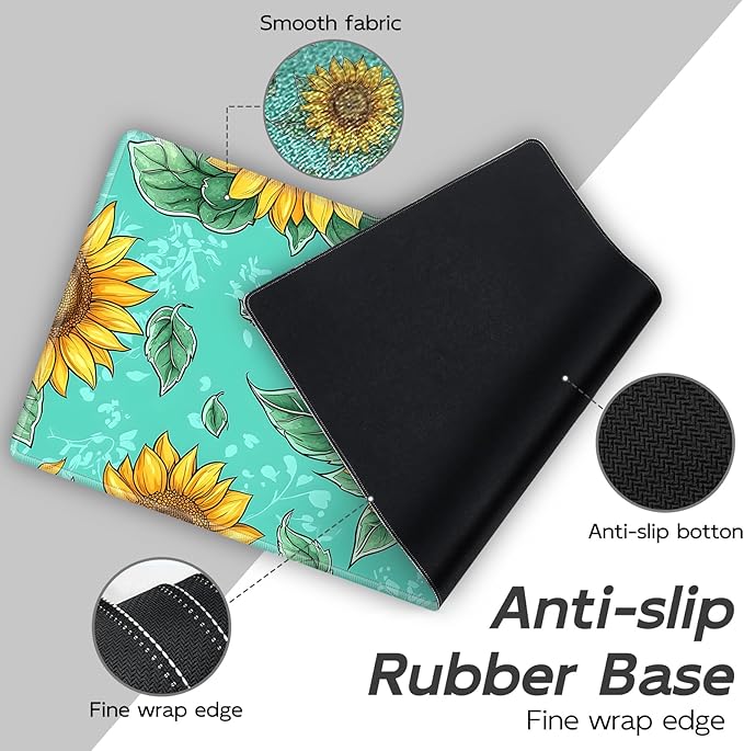 Gaming Mouse Pad Set, Sunflowers Pattern Large Desk Mat Mousepad, Keyboard Wrist Support, Mouse Wrist Rest, Coaster 4in1 Ergonomic Memory Foam, Non-Slip Stitched Edge for Home Office