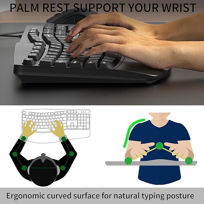 RECCAZR Ergonomic Keyboard, Wired Computer USB Keyboard with Wrist Rest, Spill-Resistant, Wave Keys for Natural Typing, Compatible with Windows/PC/Laptop(Black)
