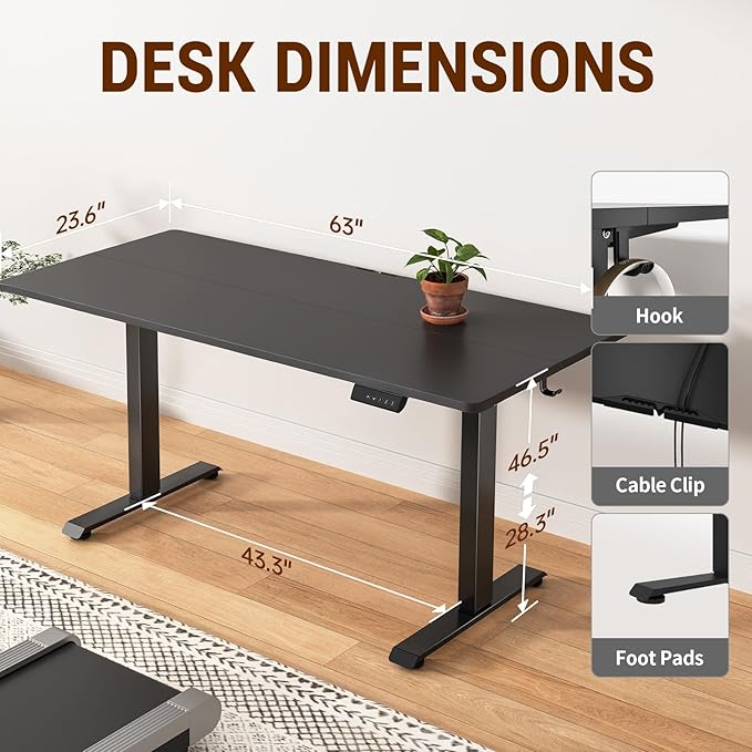 Veken 63x23.6 Inch Standing Desk, Black