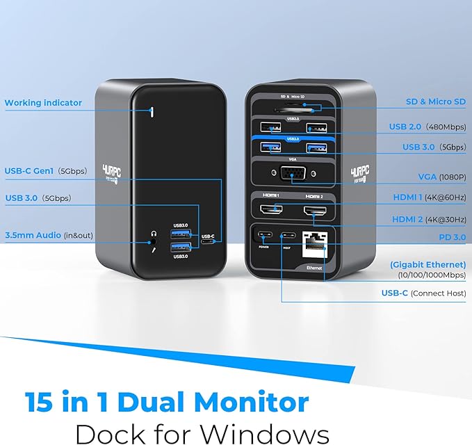 4URPC USB C Docking Station Dual Monitor, Dual HDMI USB C Dock, Laptop Docking Station with 2 HDMI Ports, VGA, 7 USB, 65W Power Adapter, Ethernet, SD/TF, Audio/Mic for Windows, and ChromeOS
