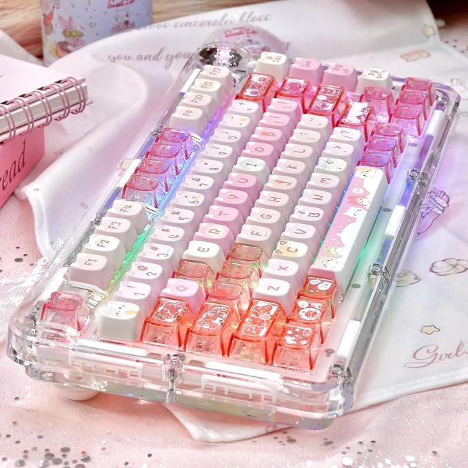 26 Keys Crystal Jelly Personalized Keycaps, PC Material Cute Meow Meow Squad Transparent Custom Cat Keycaps, Mao Profile Keycap for DIY MX Swithes Mechanical Keyboards