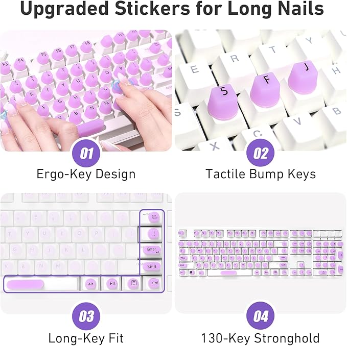 130 Pcs Keyboard Stickers for Long Nails, Ergonomics Raised Keyboard Stickers with Numbers, Self-Adhesive Round-Square PC Keyboard Tabs for Anti-Miss Typing (Purple)